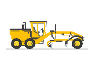 Obraz na płótnie Canvas Road Grader Flat design Vector illustration. Heavy equipment, machinery, industry, engineering, road construction. Isolated on white background.