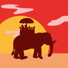 silhouette of decorated elephant over sunset landscape, colorful design. vector illustration