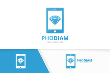 Vector diamond and phone logo combination. Jewelry and mobile symbol or icon. Unique gem and device logotype design template.
