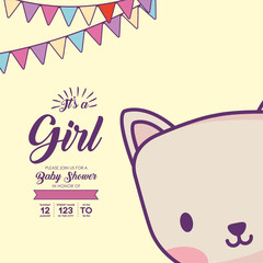Ist a girl baby shower invitation with decorative pennants and cute cat icon over yellow background, colorful design. vector illustration