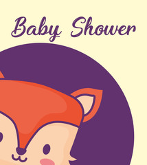 Obraz premium Baby shower design with cute fox icon over purple circle and yellow background, colorful design. vector illustration