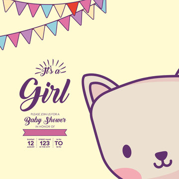 Ist a girl baby shower invitation with decorative pennants and cute cat icon over yellow background, colorful design. vector illustration