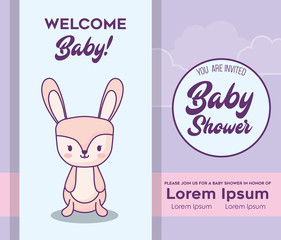 Obraz na płótnie Canvas Baby shower Invitation with rabbit icon over purple background, colorful design. vector illustration