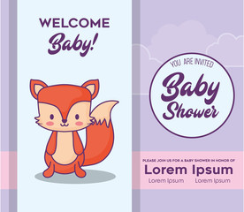 Baby shower Invitation with fox icon over purple background, colorful design. vector illustration