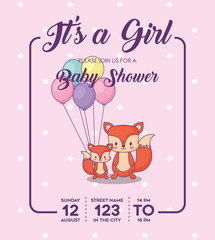 Its a girl Baby shower Invitation with foxes with balloons icon over purple background, colorful design. vector illustration