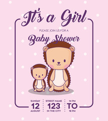 Its a girl Baby shower Invitation with porcupines icon over purple background, colorful design. vector illustration