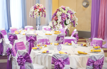 Table set for wedding or another catered event dinner.