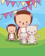 decorative pennants with cute porcupines and cats over landscape background, colorful design. vector illustration