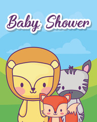 Baby shower design with cute animals icon over landscape background, colorful design. vector illustration