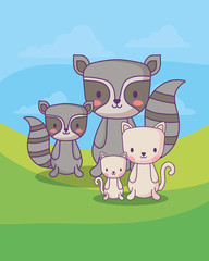 cute raccoons and cats over landscape backgorund, colorful design. vector illustration