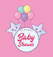 Baby shower invitation with cute stars and balloons over pink background, colorful design. vector illustration