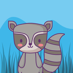 cute raccoon over landscape background, colorful design. vector illustration