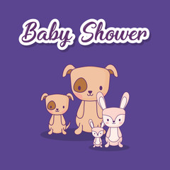 Obraz na płótnie Canvas Baby shower design with cute dogs and rabbits over purple background, colorful design. vector illustration