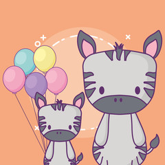 cute zebras with balloons over orange background, colorful design. vector illustration