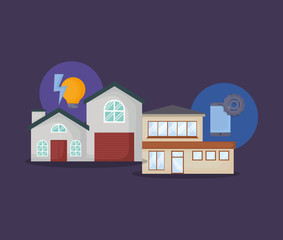 modern houses with smart home related icons  over blue background, colorful design. vector illustration
