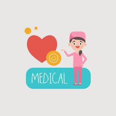 Cheerful woman in doctor clothes showing on heart and smile while proposing medical on gray background 