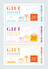Set of different dotted vouchers with present boxes on gray background 