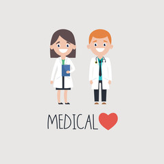 Smiling man and woman doctors in uniform over medical word with heart on gray background 