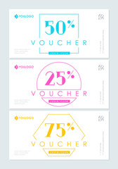 Set of white vouchers with blue; purple and yellow per cents 