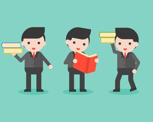 Businessman with book, business character ready to use wisdom concept flat design