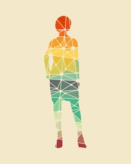 Business woman in short dress. Black silhouette standing full length. Silhouette textured by lines and dots pattern. Front View