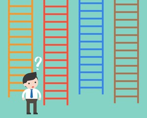 Businessman confused to choosing which ladder, flat design making decision business concept