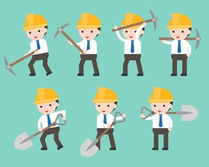 Businessman and worker helmet holding shovel and pick axe in difference position, flat design ready to use character