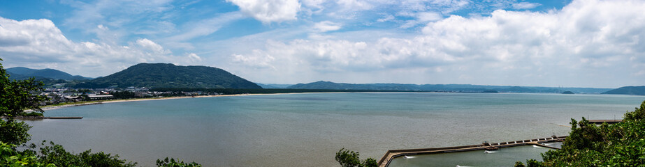 Panorama view of Karatsu mount Kagami and Nijinomatsubara pine forest in Kyushu, Japan