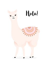Fototapeta premium Cute cartoon llama with decoration. Hola lama