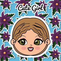 cute girl head character with floral frame