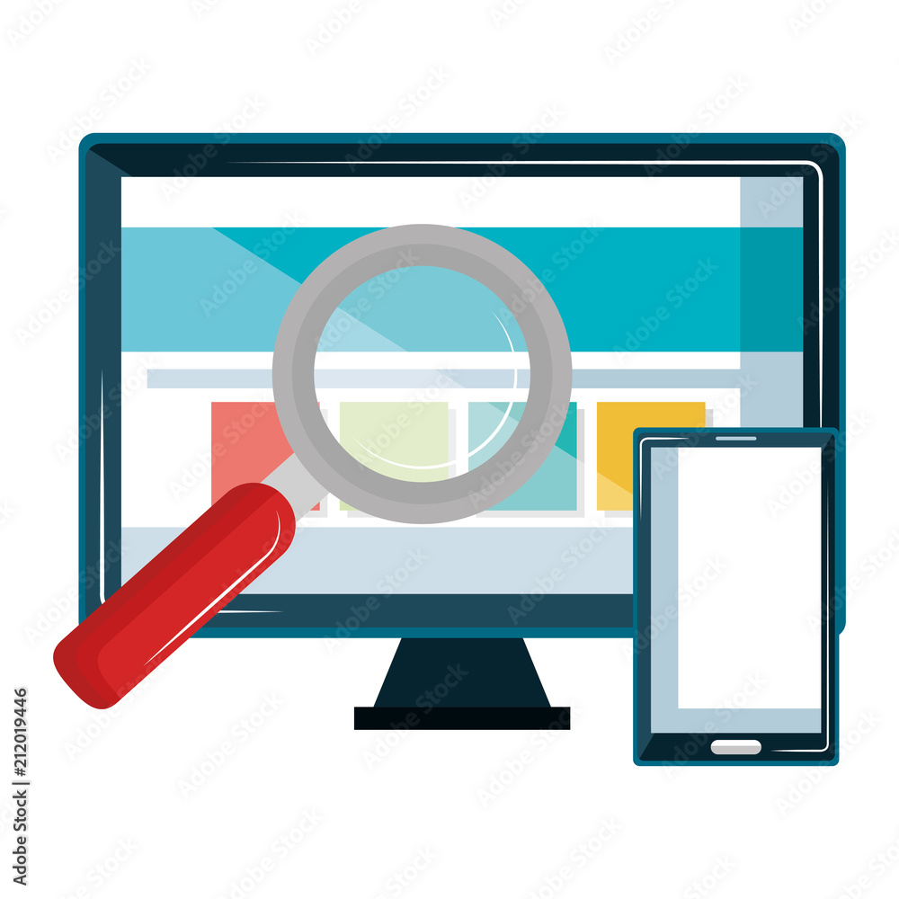 Poster computer display with smartphone and magnifying glass