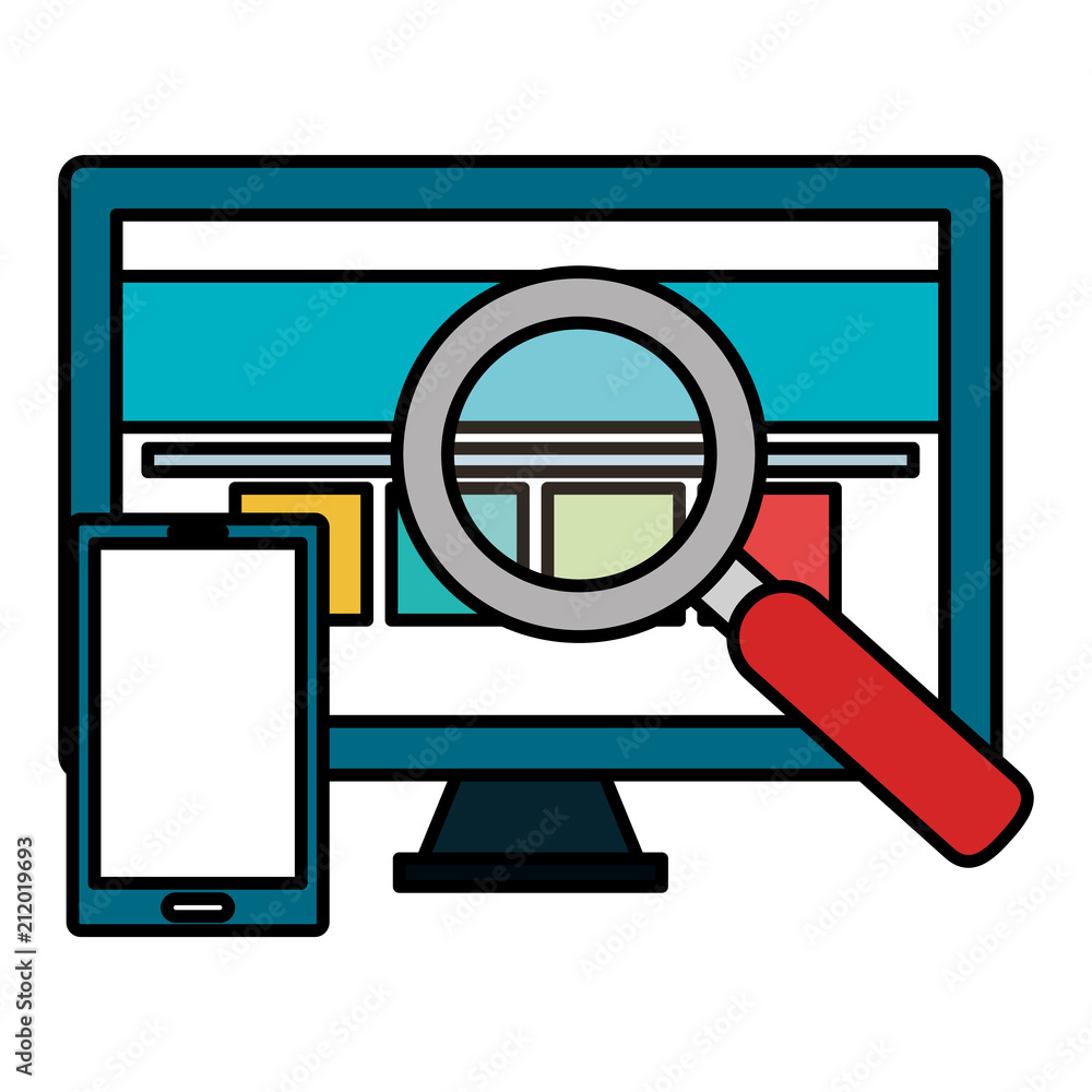 Poster computer display with smartphone and magnifying glass