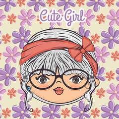 cute girl head character with leafs pattern