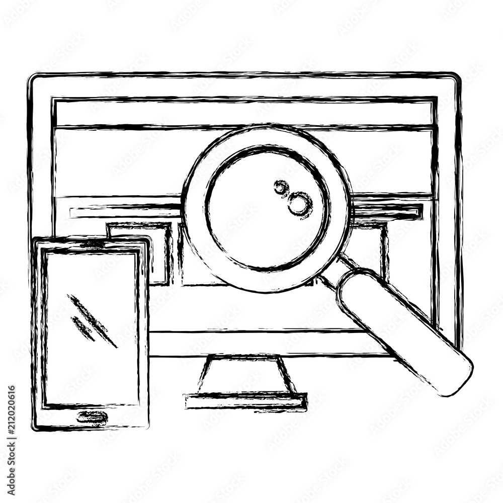 Poster computer display with smartphone and magnifying glass