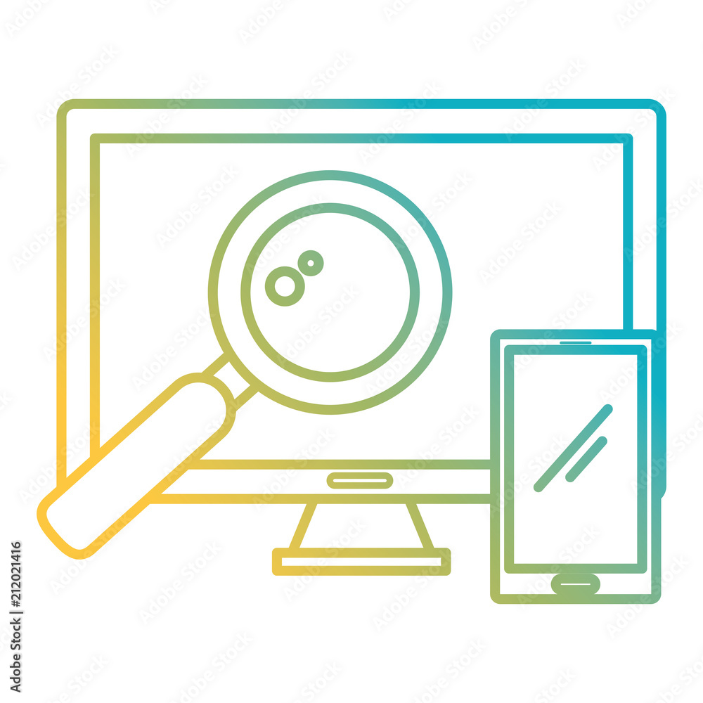 Poster computer display with smartphone and magnifying glass