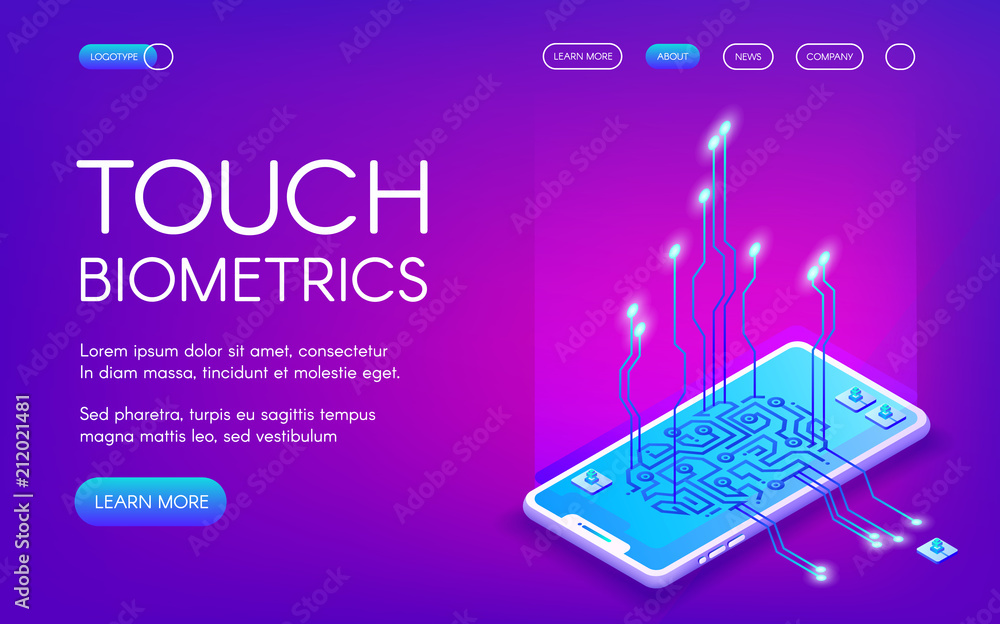 Poster touch biometrics technology vector illustration of digital fingerprint recognition for personal iden