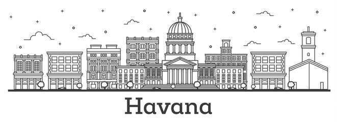 Outline Havana Cuba City Skyline with Historic Buildings Isolated on White.