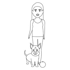 young woman with dog and ball characters