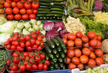 many fresh vegetables and fruits for sale
