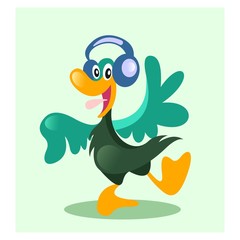 funny cheerful duck goose dancing with headphone mascot cartoon character