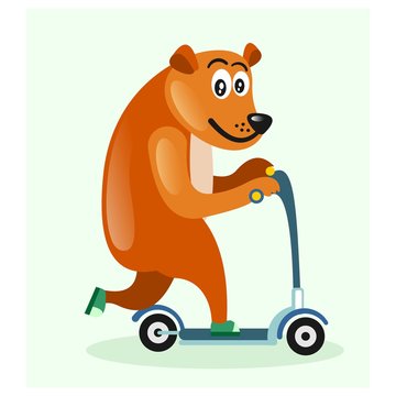 funny friendly brown bear ride scooter mascot cartoon character
