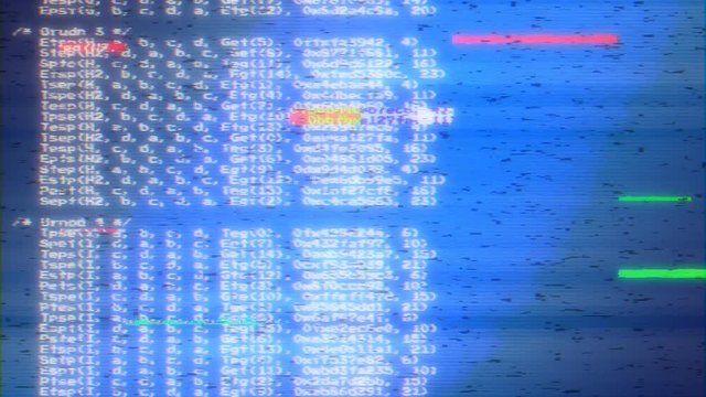 Simple source code scrolling animation, scrambled text, white characters on a gradient blue background, badly distorted by digital glitches and noise.

