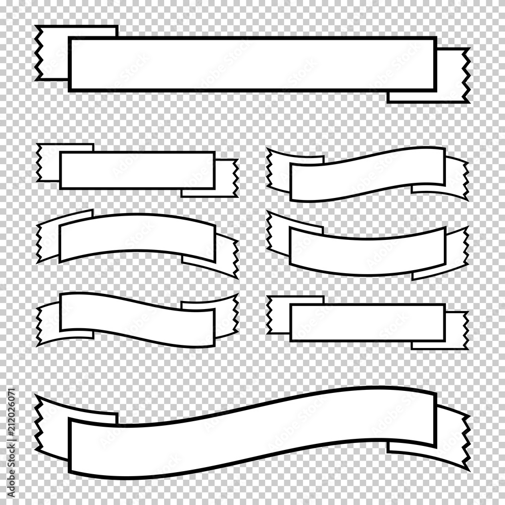 Wall mural a set of white isolated banner ribbons with a black stroke on a transparent background. simple flat 