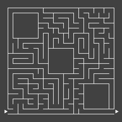 Abstract simple square isolated labyrinth. White on a black background. An interesting game for children. With a place for drawing. Simple flat vector illustration.