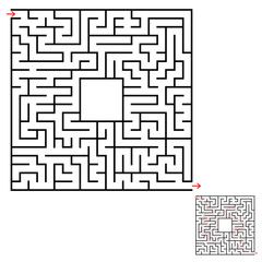 Abstract square isolated labyrinth. Black color on a white background. An interesting game for children and adults. Simple flat vector illustration. With the answer.