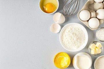 Background with ingredients for cooking, baking, flat lay.