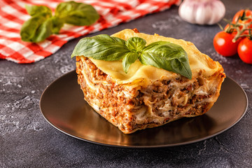 Traditional lasagna made with minced beef bolognese sauce and bechamel sauce.