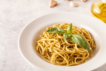 Pasta with homemade pesto sauce.