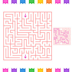 Abstract square isolated labyrinth. Red color on a white background. An interesting game for children and adults. Simple flat vector illustration. With the answer.