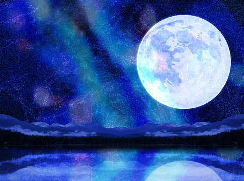 幻想的な月と天の川と湖面に映るキラキラ夏の星空イメージ